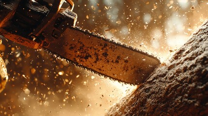 Close-Up of Chainsaw Cutting Through Wood in Photorealistic Style