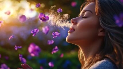 Fototapeta premium Woman exhales flower petals in garden sunset