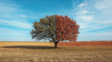 A solitary tree stands in a vast field, showcasing vibrant autumn colors against a clear blue sky, representing nature's beauty and seasonal change.
