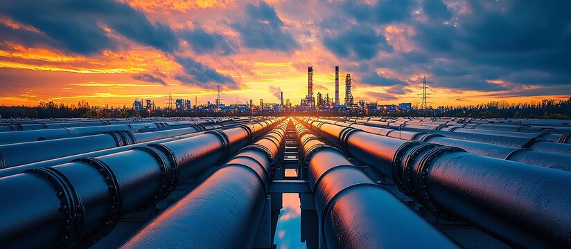 Industrial Pipes Lead Towards a Cityscape Under a Dramatic Sunset