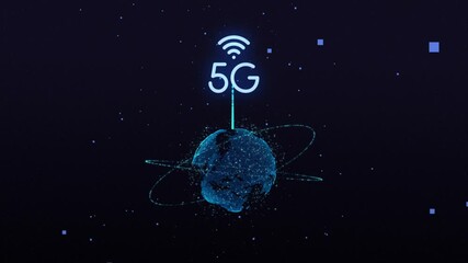Global networking and digital future. 5G with glowing lines radiating outward, power and speed.