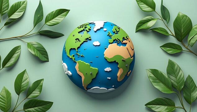 A colorful 3D globe surrounded by green leaves, symbolizing environmental awareness and sustainability.