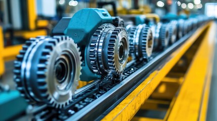 Fototapeta premium A robotic assembly line installing precision gears into a high-performance machine