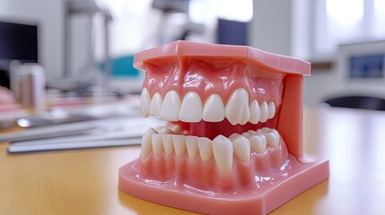 A detailed dental model of teeth alongside instructional materials for studying and practicing effective oral hygiene techniques.