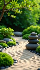 Peaceful zen garden with raked sand and balanced stone arrangement, Japan, tranquility, balance