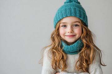 A young girl wearing a blue hat and a white sweater