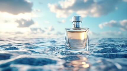 A fresh and elegant perfume bottle with a sea breeze blowing in the background, creating a refreshing and airy atmosphere.