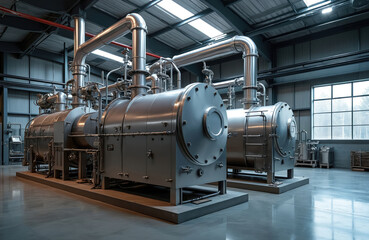 Modern biochar production facility with stainless steel pyrolysis chambers. Industrial plant for renewable energy. Eco-friendly approach to waste management with carbon capture technology.