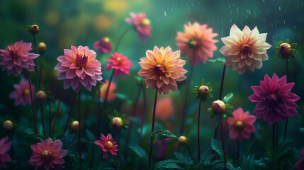 Colorful Dahlia blooms with rain drops