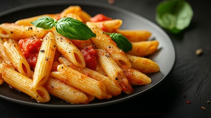  serving of penne pasta with tomato sauce and basil on a dark surface 