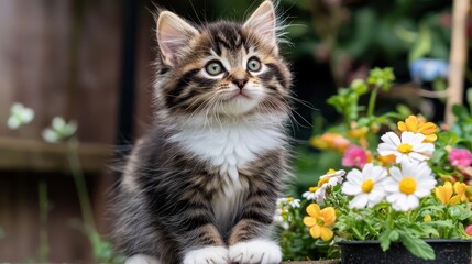 Adorable kitten gazing at flowers in garden