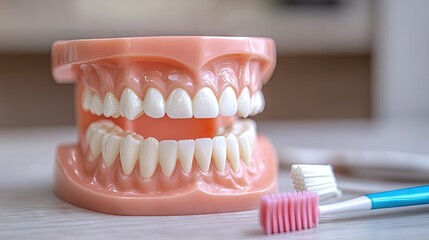 A realistic dental model used for studying oral hygiene, showing perfectly aligned teeth with a toothbrush and dental floss beside it.