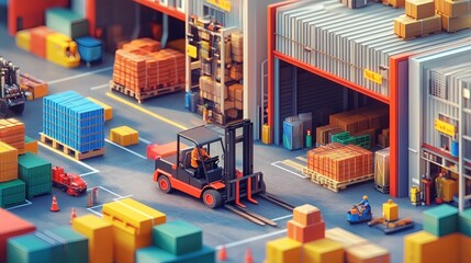 Fototapeta premium A forklift maneuvers within a busy warehouse, surrounded by stacked boxes and pallets.