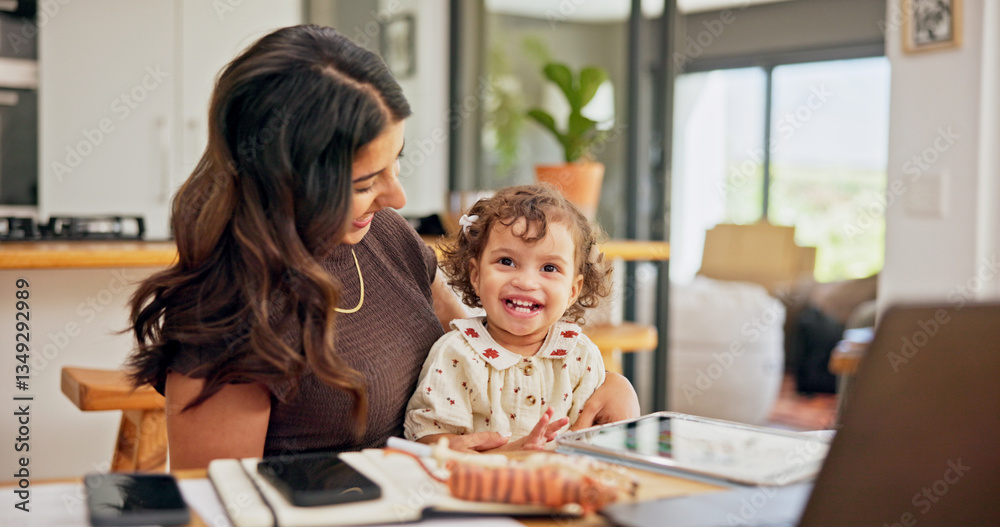 Poster happy, laptop or remote work with mother and baby in home for development of small business. compute