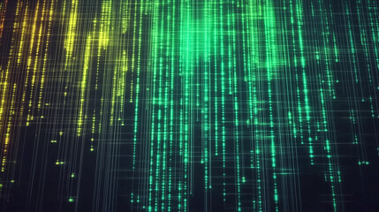 Dark background, vertical lines of green and yellow light with digital glitch effects
