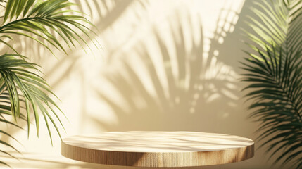 Obraz premium Wooden pedestal for cosmetic product montage with green tropical palm leaves on sides and abstract shadows wall background. for minimal luxury organic beauty, cosmetic, skincare, body care product.