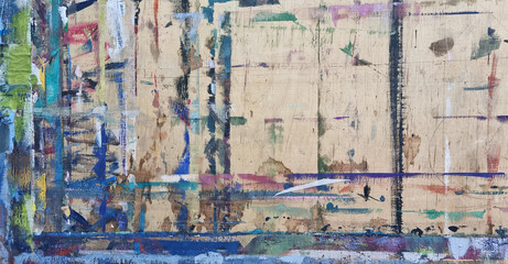 Fototapeta premium Abstract painting on craft wood paper with brushstrokes of different colors. Illustration for background