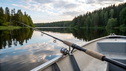 A close up of a fishing rod on a boat with a calm lake and forest in the background.