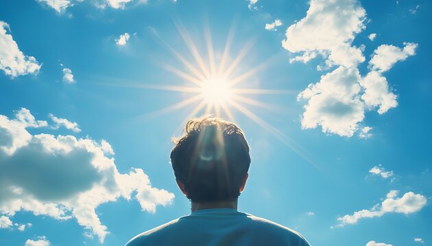 Rear View of a Man Looking at the Sun in a Blue Sky