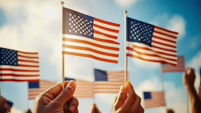 Patriotic celebration with hands holding american flags in unity Happy 4th of July, Independence Day USA