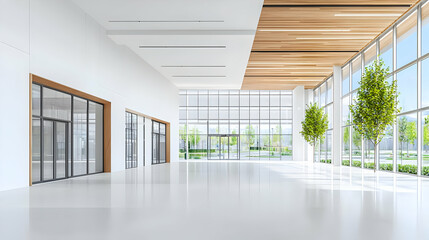Fototapeta premium Modern Empty Hallway With Large Windows And Wooden Beams