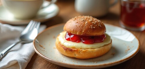 Warm bun filled with creamy butter, sweet red jam. Perfect breakfast or afternoon snack with cup of tea. Homemade dessert, delicious treat for tea break.