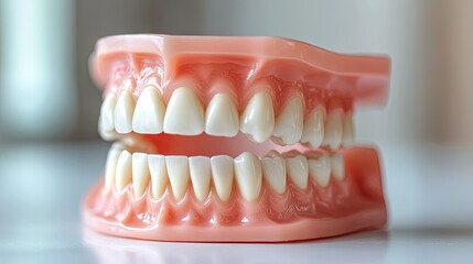 Obraz premium Close-up of a dental model of teeth with detailed gums, used for studying oral hygiene and dental care techniques, placed on a clean surface.
