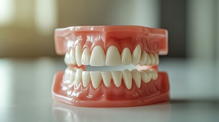 Close-up of a dental model of teeth with detailed gums, used for studying oral hygiene and dental care techniques, placed on a clean surface.