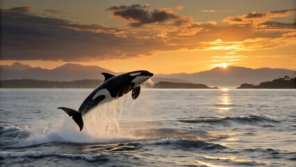 Fototapeta premium Design an evocative scene of an orca making a powerful leap from the ocean at sunset