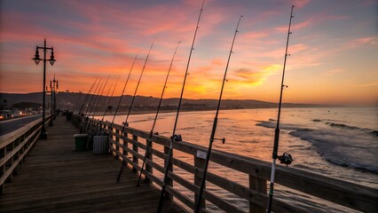 Fishing rods lined up on a pier during a vibrant sunset over the ocean in California