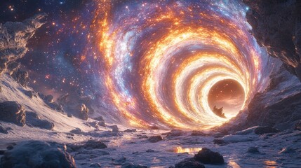 Fiery vortex tunnel through icy landscape