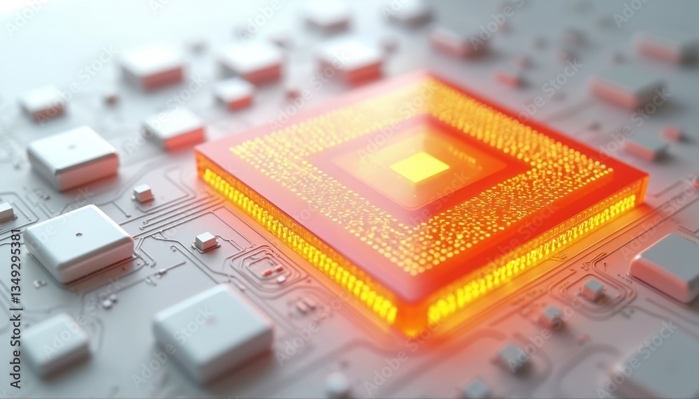 Poster 3D render chip core on circuit board. Orange translucent glass chip simple style, electronic components. White background, tech minimalist design. Computer tech, data processing, AI.