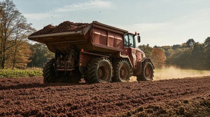 Obraz premium A side view of a large manure spreader fertilizing an agricultural field