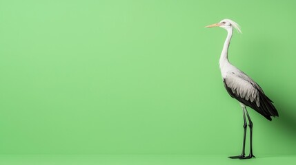 Realistic Secretary Bird standing tall, long legs and sharp beak, filmed against a clean green backdrop for video production