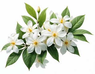Fototapeta premium Jasmine Philadelphus flowers and leaves in a floral arrangement isolated on white background. White blossoms with yellow stamens and green foliage create elegant floral bouquet for design projects.