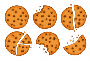 Tasty chocolate chips cookies set  on white background. Broken cookies