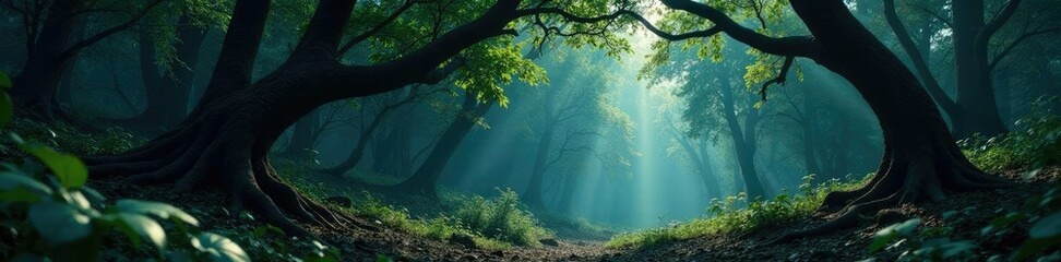 Fototapeta premium Dark isolated forest with twisted tree branches, foliage, wilderness