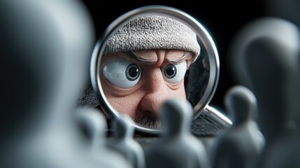 Angry man in magnifying glass, scrutinizing crowd, dark background