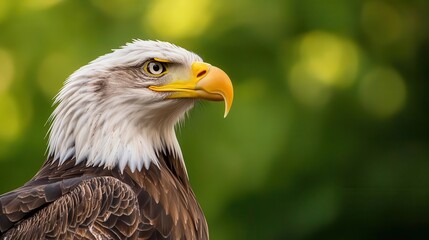 Fototapeta premium Realistic Bald Eagle perched proudly, sharp eyes and strong beak, filmed against a green backdrop for special effects