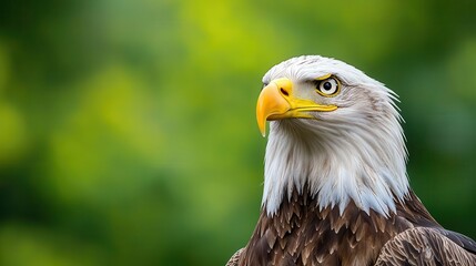 Realistic Bald Eagle perched proudly, sharp eyes and strong beak, filmed against a green backdrop for special effects