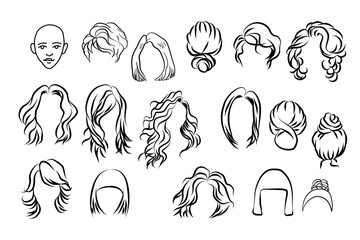 Different types of woman Hairstyle. Hand drawn vector isolated set.