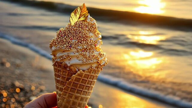 Golden sunset ice cream cone with sprinkles by the beach