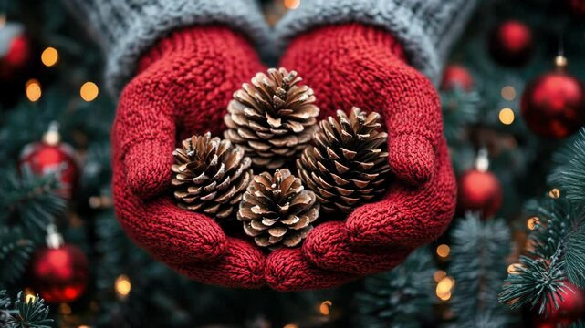 Red gloves holding pine cones with christmas tree background and lights. Merry Christmas. Happy New Year