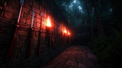Ancient stone path lit by torches, spears on wall, misty forest