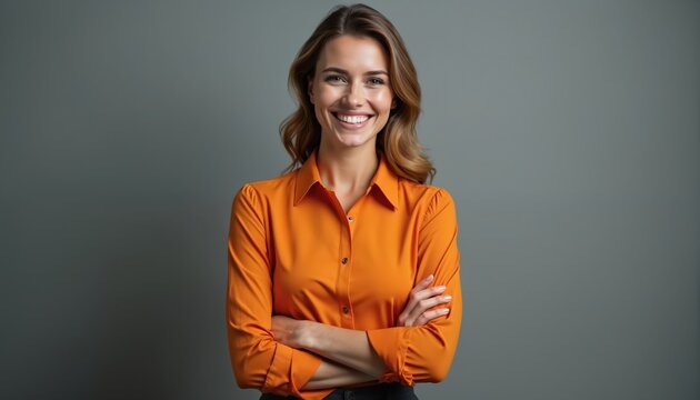 Happy businesswoman, orange shirt, crossed arms, smiling. Portrait of confident business lady on gray background. Attractive, cheerful, happy, pretty middle-aged woman. Success, corporate, elegance,