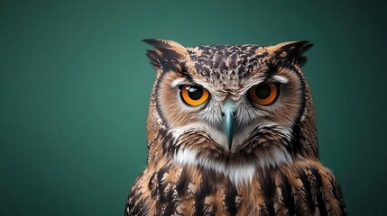 Obraz premium Realistic Eurasian EagleOwl sitting with intense stare, large and powerful, filmed in high detail on a green screen for VFX use