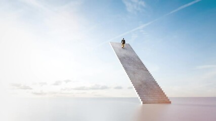 Businessman is climbing a stairway towards the sky