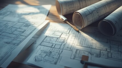 Architectural blueprints rolled on a wooden table with sunlight casting shadows, showcasing intricate designs and plans