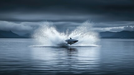 Obraz premium A slow-motion shot of a shark breaking through the ocean's surface with powerful force
