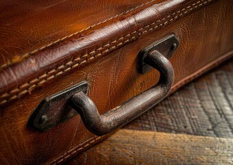 Close-up of a vintage leather suitcase handle.